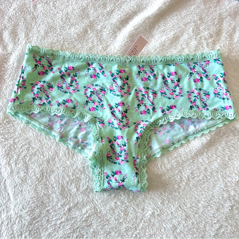 NWT Victorias Secret Medium Panty Mint Green Pink Rose Ivy Vines Cotton Lingerie